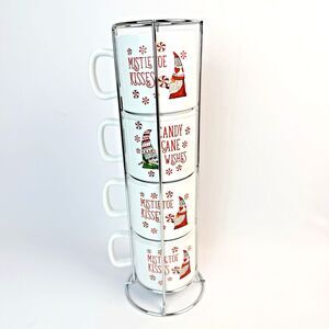 Peppermint & Pine Christmas Gnome Stacking Mugs Set of 4 with Metal Rack Holiday